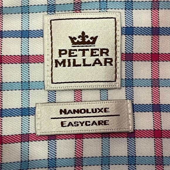 Petter Millar Men's Pink Blue Nono Luxe Easycare Plaid 100% Cotton Shirt Size L - Picture 7 of 9